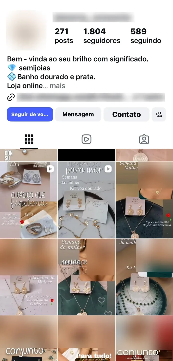 Página do Instagram de uma revendedora, com brincos, colares e conjuntos nas fotos e vídeos (nome, logo, link e rostos borrados)